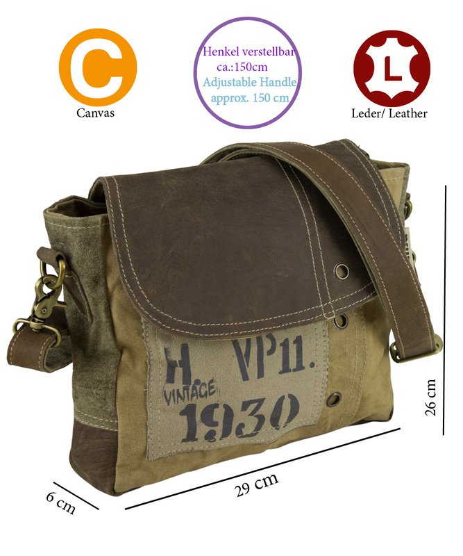 Sunsa damestas. Schoudertas in koeriervorm. Schoudertas in vintagestijl. Canvas handtas. Grote crossbodytas voor dames.