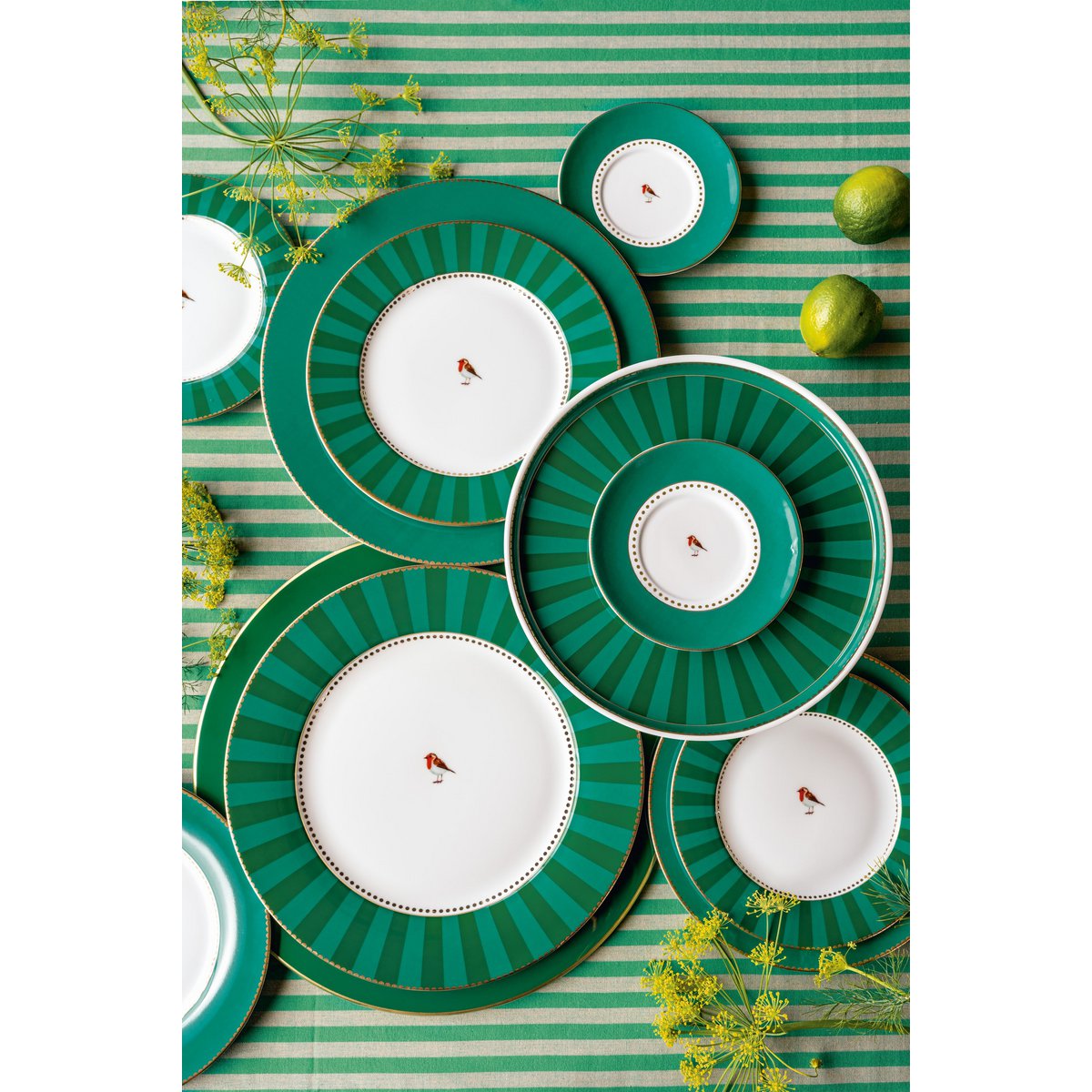 Set/2 Espresso Cups & Saucers Love Birds Stripes Emerald-Green