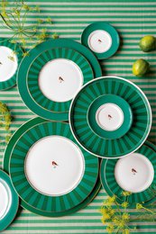 Set/2 Espresso Cups & Saucers Love Birds Stripes Emerald-Green