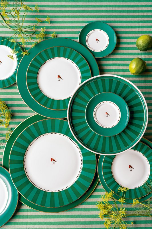 Set/2 Espresso Cups & Saucers Love Birds Stripes Emerald-Green