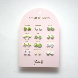 Box of 12 Ceramic Earrings — A Year of Green Poetry - English