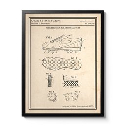 Nike Classic patent poster, a framed poster featuring the patent design for a classic Nike shoe.