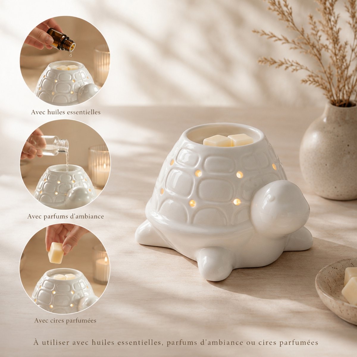 Quemador de perfumes Serie Céramy – Franklin – Portavelas de cerámica lacada – Difusión de ceras aromáticas, aceites esenciales – Idea decorativa de regalo