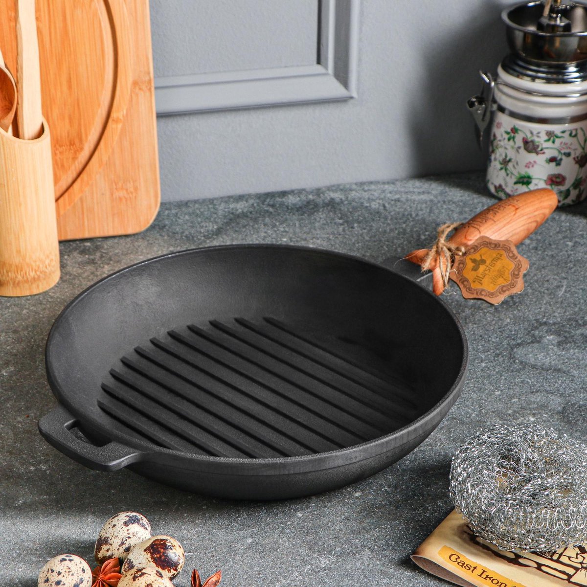 Ghisa a ghisa con manico in legno - Ø 24 x 4 cm - padella in ghisa per tutte le fonti di calore - nero