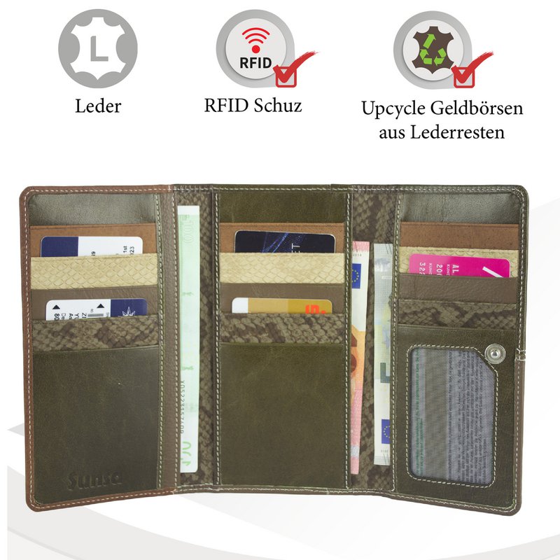 Cartera de mujer Sunsa. monedero de cuero. Cartera con protección RFID. Cartera sostenible hecha con retales de cuero. Cartera de mujer grande con muchos compartimentos para tarjetas de crédito: cartera/cartera para mujer, la mejor idea de regalo.