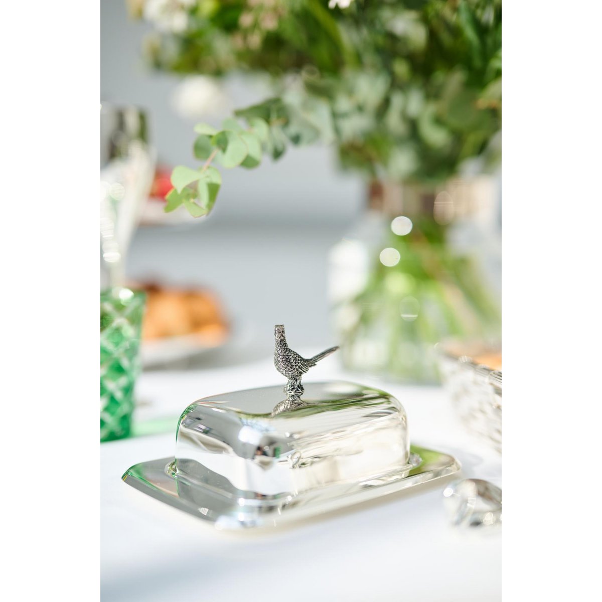 EDZARD butter dish pheasant 13x18 cm, H 9 cm, glass insert, silver-plated, with butter knife