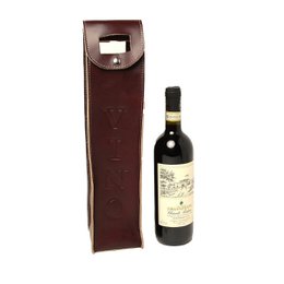  A brown leather wine holder for a single bottle. The holder features a simple, rectangular design with a cutout handle for easy carrying.