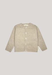 Soft, cozy knit cardigan in caramel color for babies 0-4 years old. Features button-up closure and ribbed trim.