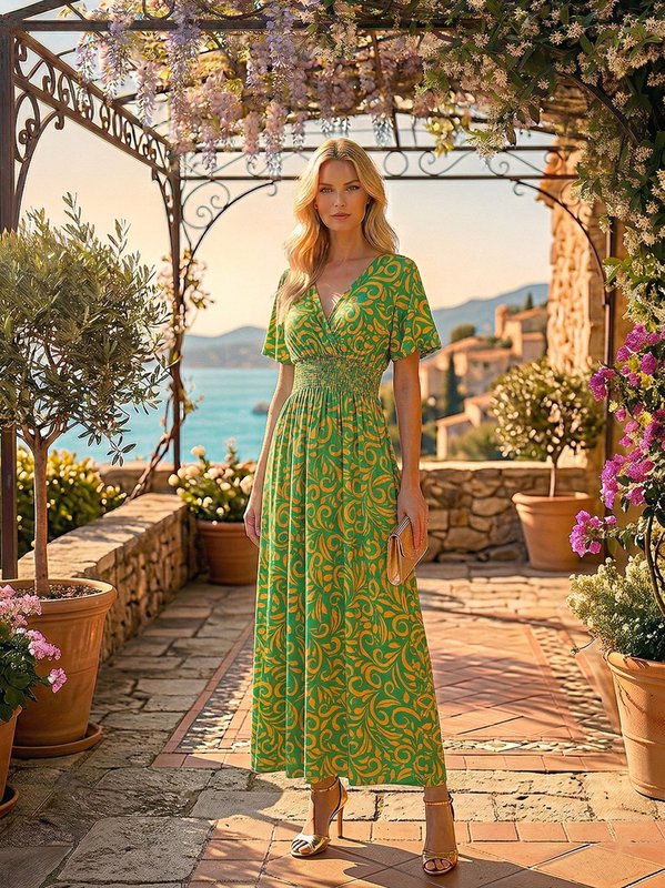 Robe Maxi "Sienne" – Coupe Impériale à Taille Smockée et Imprimé Volutes - 610-6