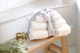 White plush towel set with bear design, made of soft, absorbent cotton material, suitable for bathroom use.
