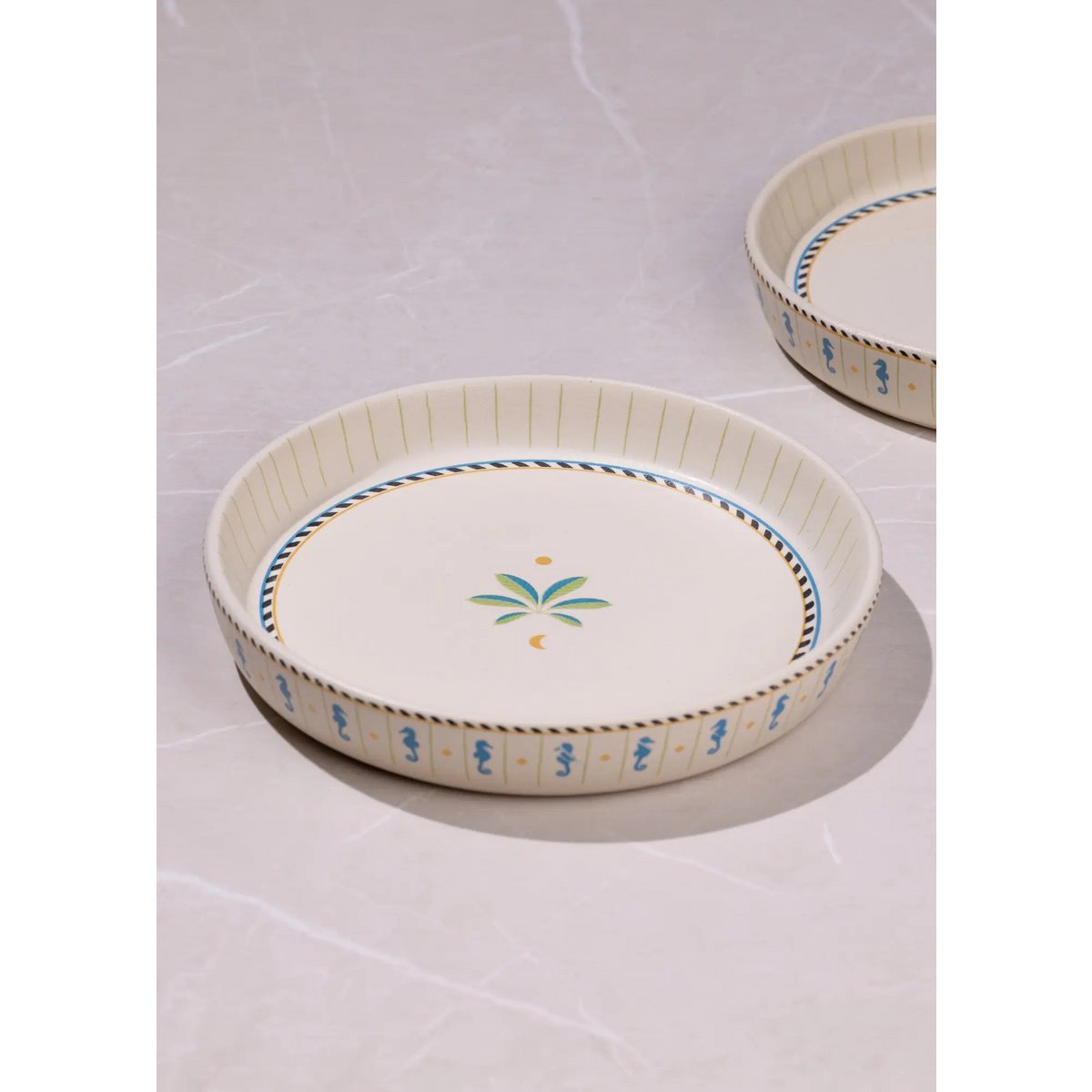 Handpainted Ceramic Serving Tray Tall Edge - Petit, Palm & Seahorse Motif