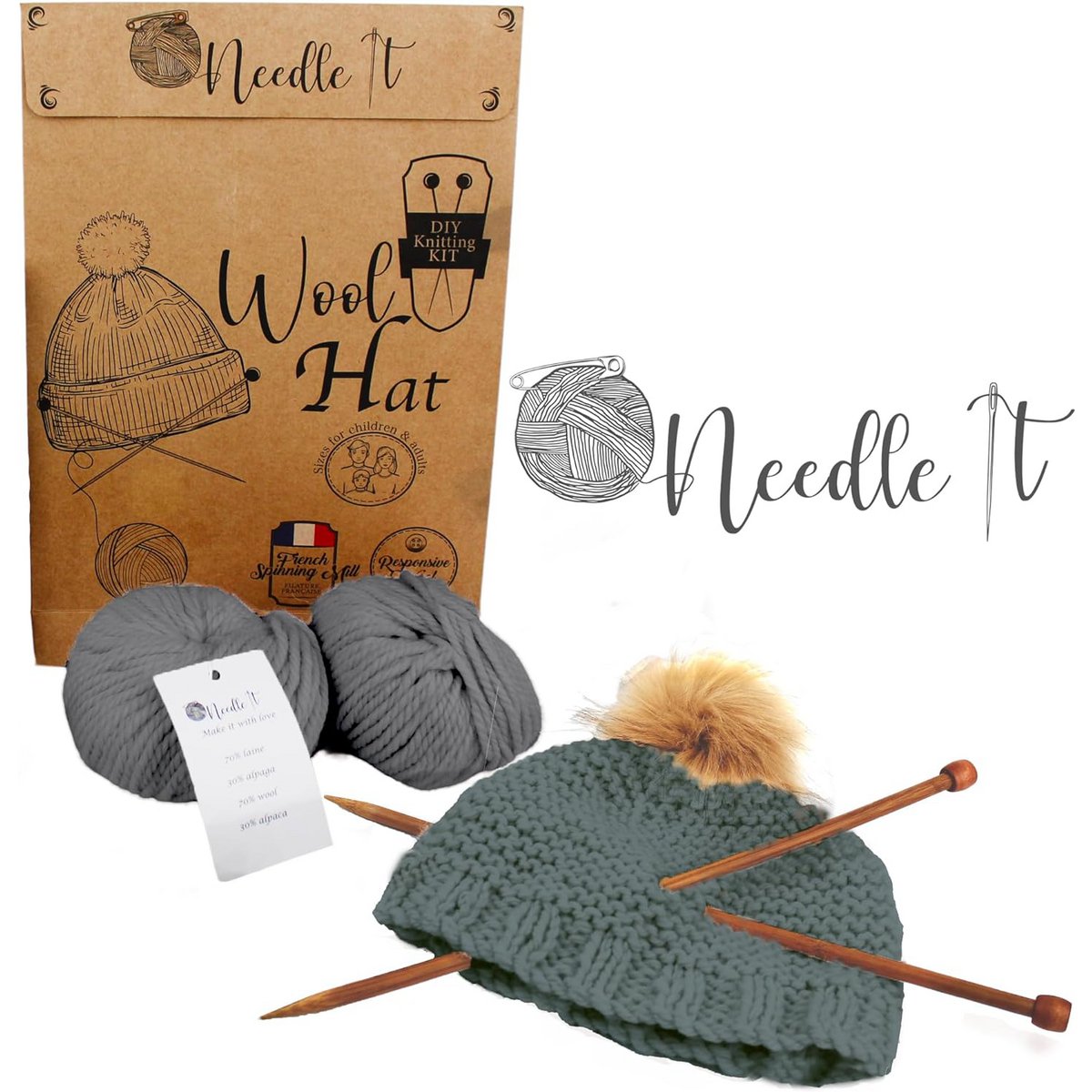 NEEDLE IT® Komplettes Strickset für graue Mützen – DIY-Wollmütze für Kinder und Erwachsene – Komplettset mit Nadeln, Knäueln und Anleitung – Französische Wolle (Grau)