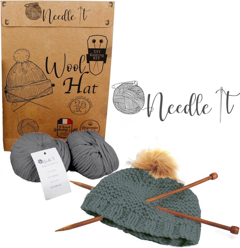NEEDLE IT® Kit Tricot bonnet complet gris - Bonnet en laine à tricoter soi-même pour enfant et adulte - Kit complet avec aiguilles, pelotes et notice - Laine française (Gris)
