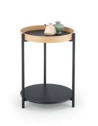  Round black and natural wood coffee table, two-tier side table, modern minimalist design, compact tall accent table.