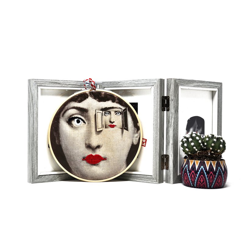 Handmade Embroidery Hoop Wall Art - "Iconic Lina" Collection (Fornasetti Inspired) - Textile Wall Art Decoration 15cm