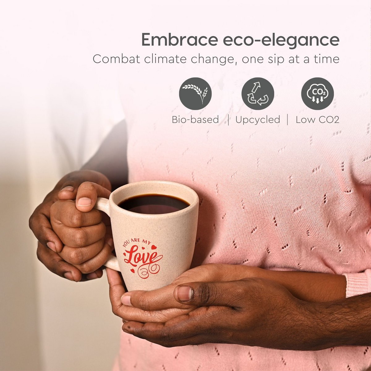 Ecofy Earth-Friendly Love You-krus til kaffe | Par gaver | Jubilæumsgave til par Special | Sæt med 1 | 300 ml | Kaffekrus | Lavet med risskaller| Sand Castle TUV Certificeret