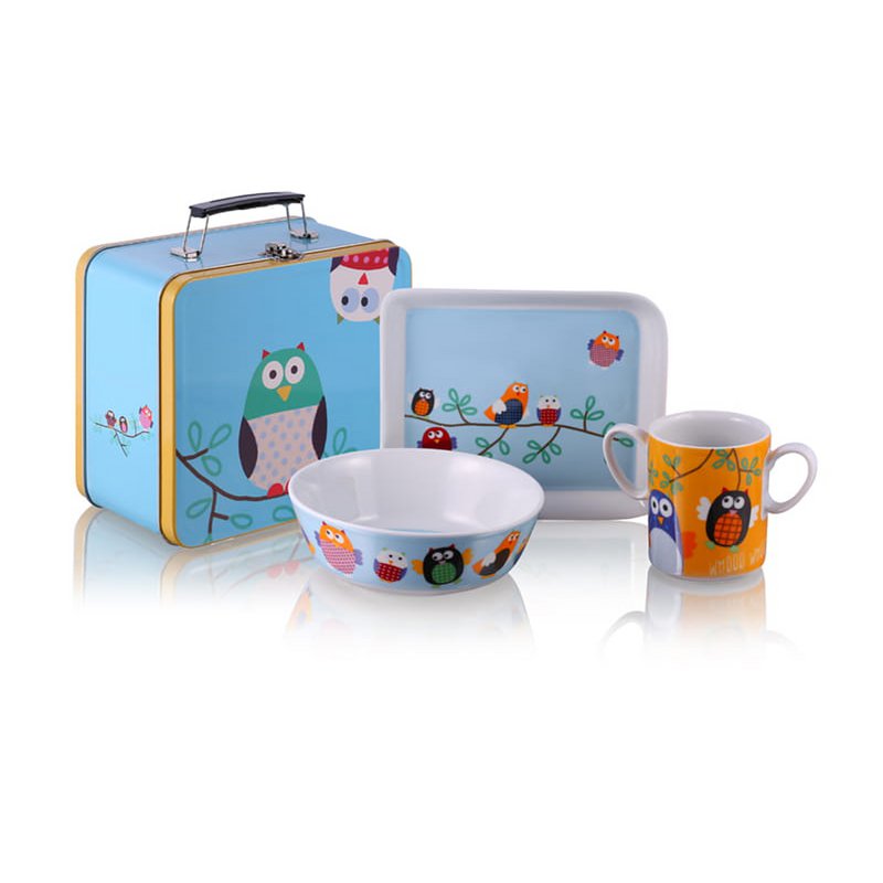 Hiboux, service de table pour enfants, vaisselle 4pcs avec valise, porcelaine