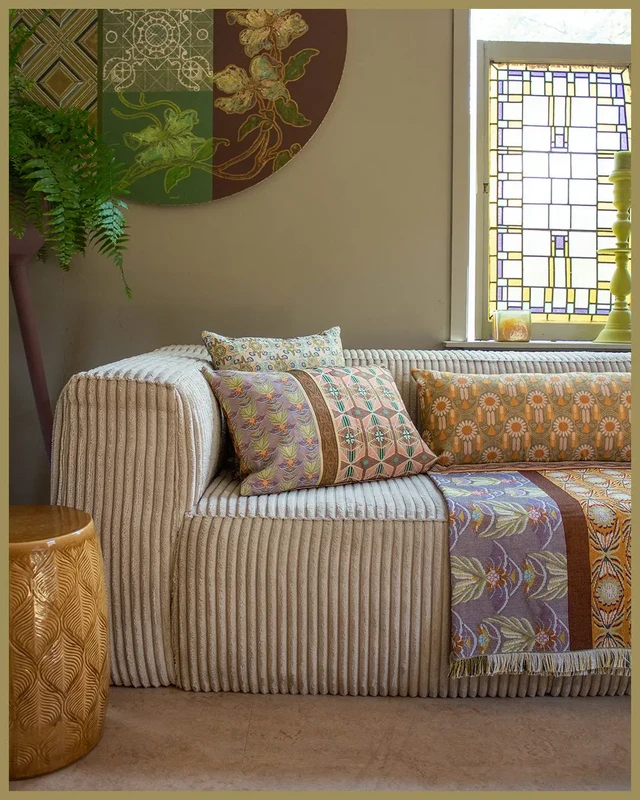 NIN-NIT Cojín Soleil Classiques | cojín decorativo con estampado de naturaleza soleada y hojas | 100% algodón tejido | verde | azul | ocre | beige | blanco | morado | multicolores | 50x50cm
