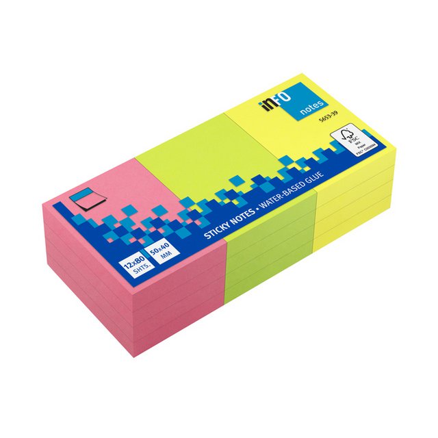 Info notes 50x40mm ass. felle kleuren pak 12 blok geel, rose, groen