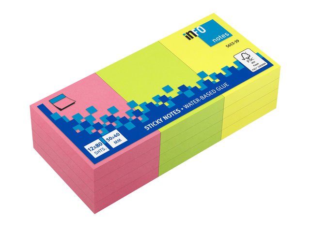 Info notes 50x40mm ass. felle kleuren pak 12 blok geel, rose, groen