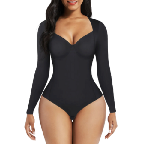 Bodysuit Shapewear - Black - Deep V-Neckline - Long Sleeve