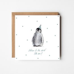 A cute penguin illustration with the text "Welcome to the world little one!" on a greeting card.