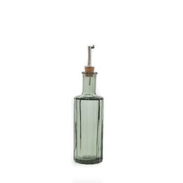 Smokey green glass oil bottle with a tall, slender shape.