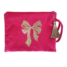 Dark green and navy velvet cosmetic bag with "Happy Holidays" gold text, star design, and red tassel handle.