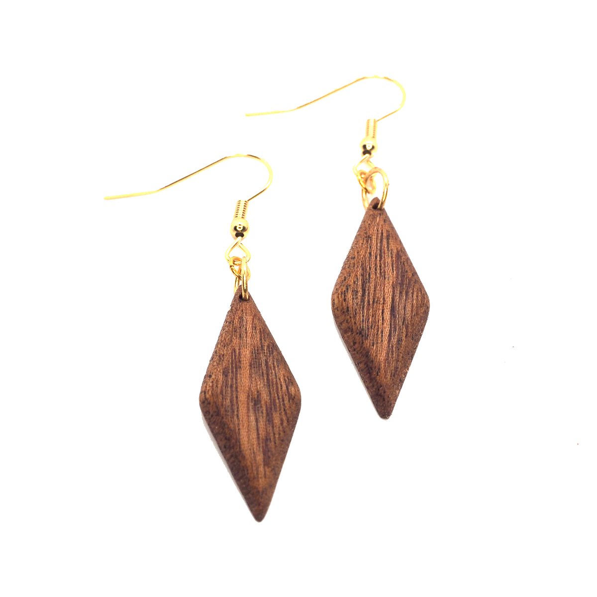 Boucles d'oreilles pendantes en forme de diamant en bois d'acajou fin, très léger, surface huilée mate, boucles d'oreilles en acier inoxydable plaqué or ou argent