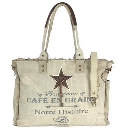 Sunsa dameshandtas. Schoudertas gemaakt van canvas en leer. Tas in vintage retrostijl. Grote shopper damestas als weekendtas.