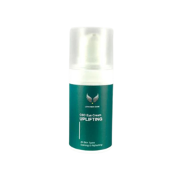 Uplifting CBD eye cream in a green bottle with a white label. The cream is designed to hydrate and soothe the delicate eye area.