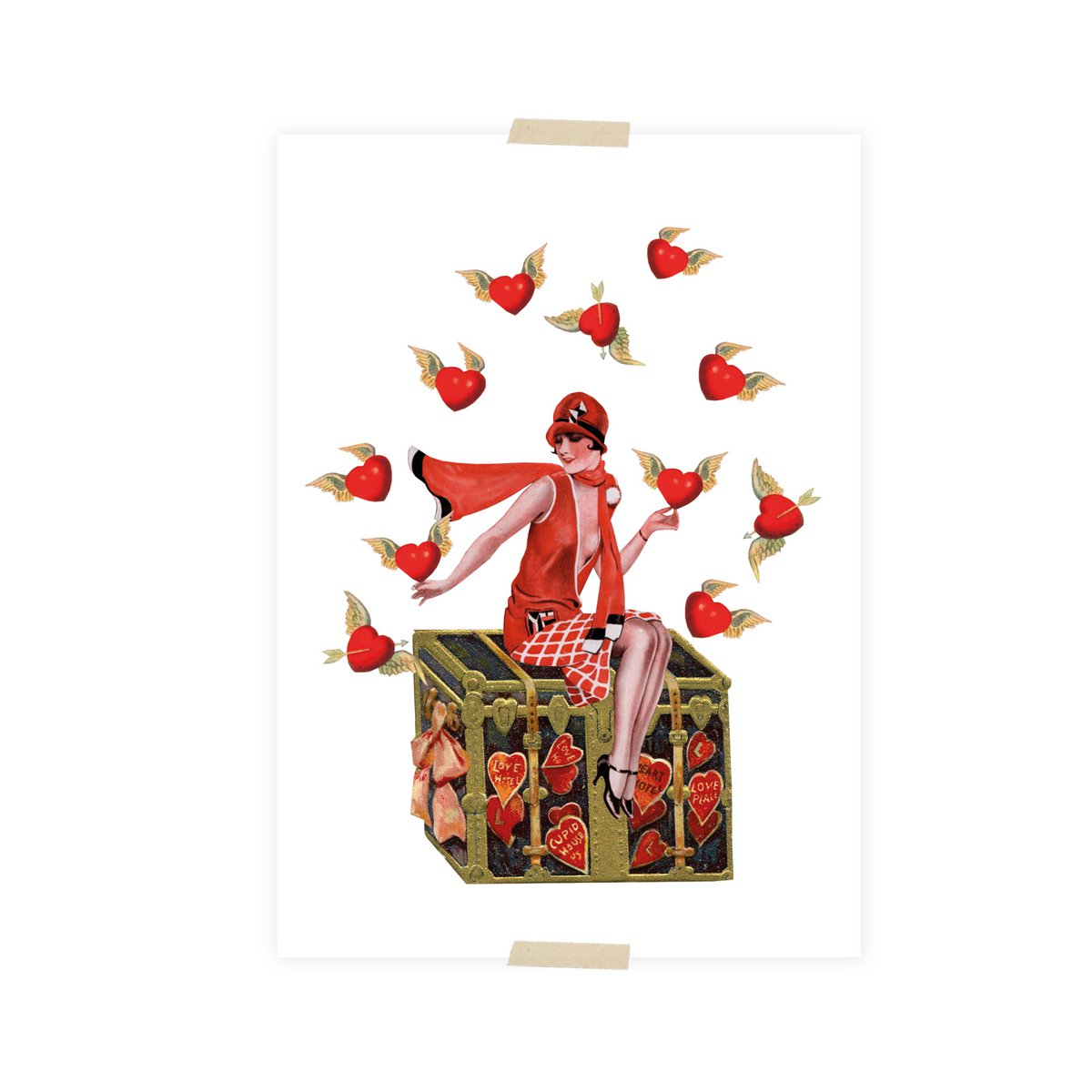 Postcard collage dametje vangt hartjes