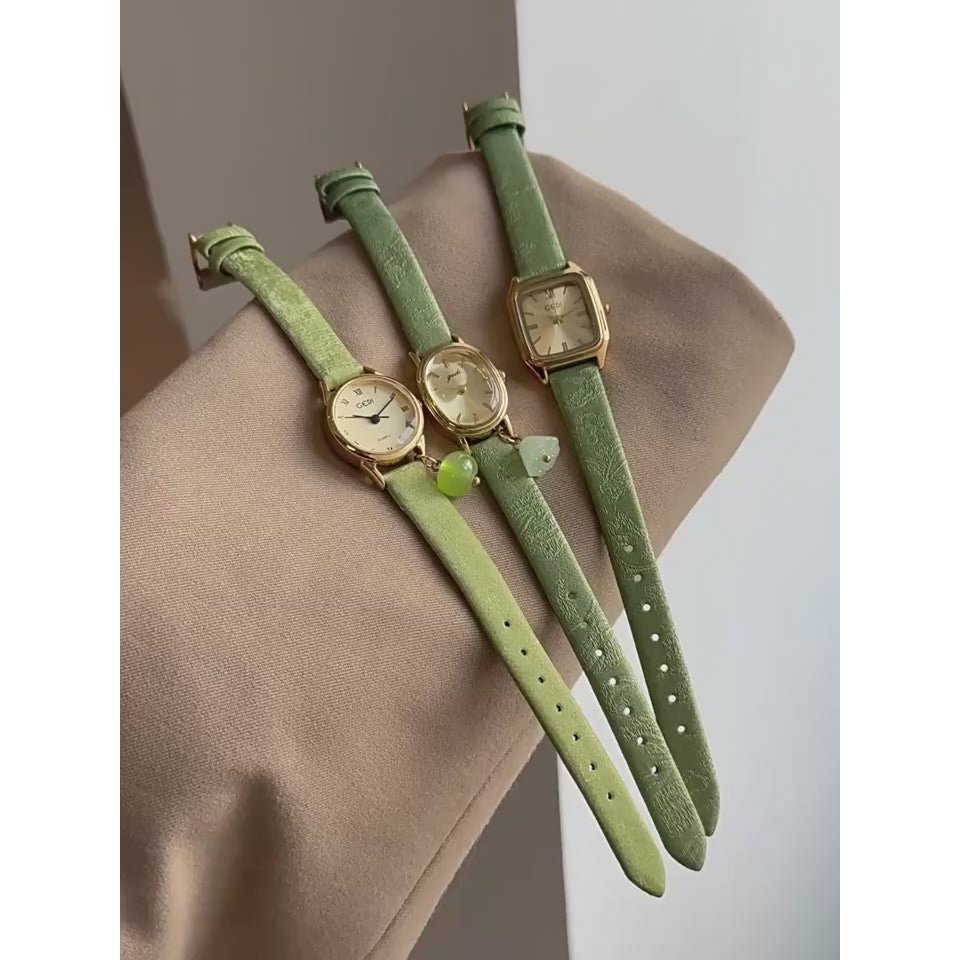 Pesto - Vintage groen leren dameshorloge