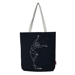 Large black tote bag with white outline of a dancing figure. Made of durable material, suitable for shopping or everyday use.