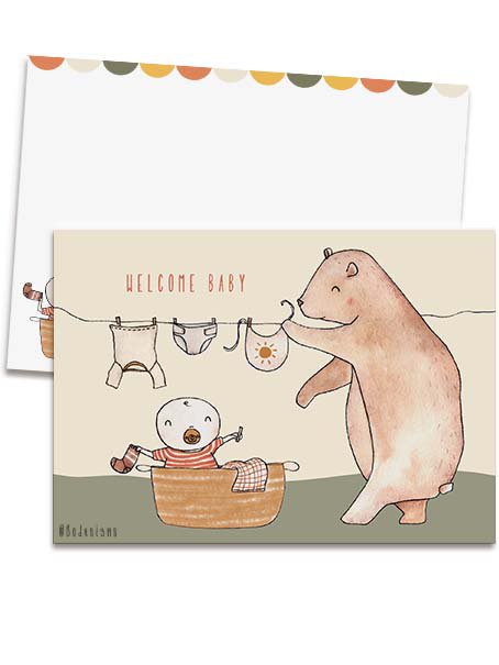 card + envelope - Bear with baby laundry basket
