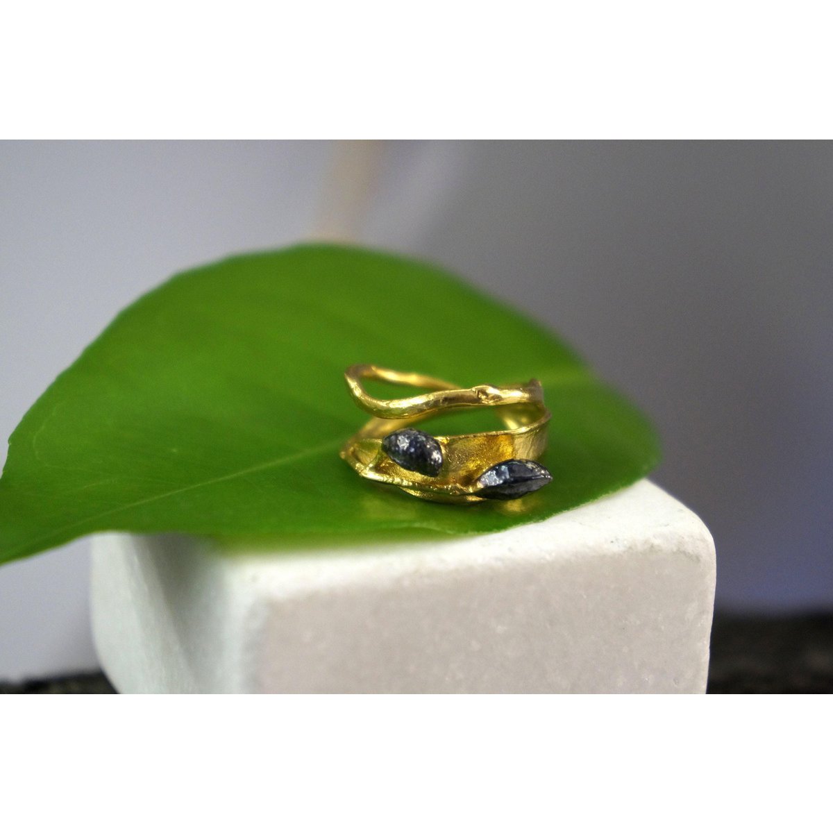 Nature-Inspired Olive Leaf Ring, Adjustable Gold-Plated Brass Band (Women’s Size)