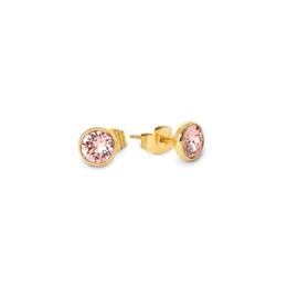 Gold-colored stud earrings with round pink cubic zirconia stones. Elegant and feminine design suitable for everyday wear.