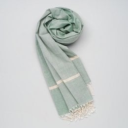 Soft, handwoven cotton scarf in a light green color with small white stripes along the borders.