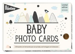 Milestone® Baby Photo Cards - Over the Moon (French version), a set of baby photo cards featuring a whimsical mountain and moon design in black, white, and gold tones.