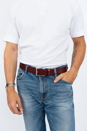 Burgundy leather belt for men, 40mm wide, with a silver-tone buckle.