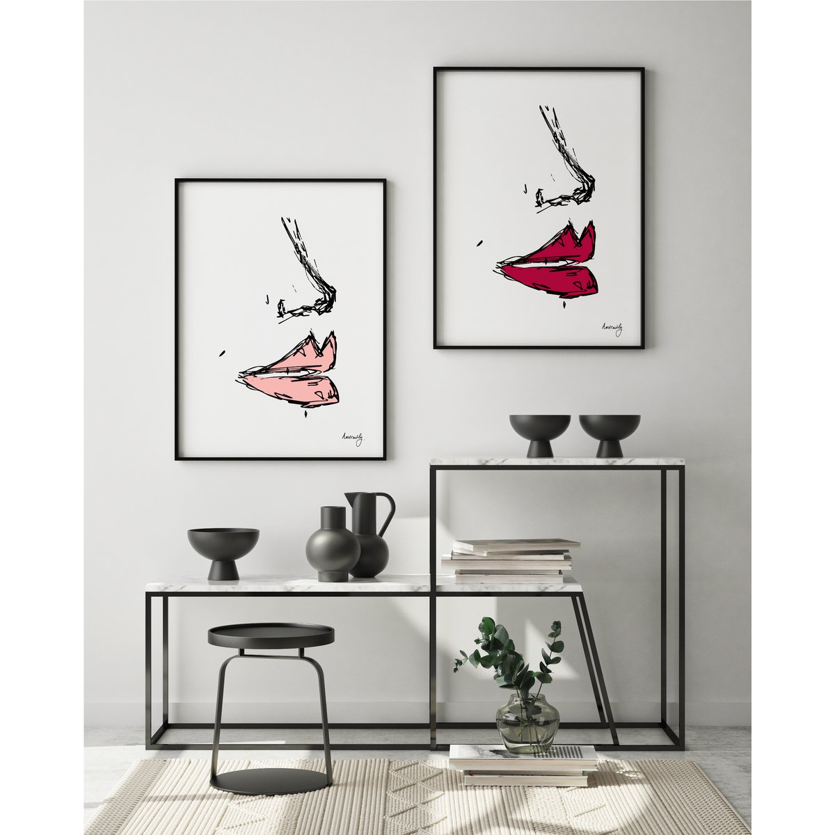 Attraktive Lippen nackt - Frau Skulptur Line Art Print