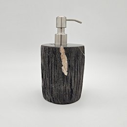  Petrified wood soap dispenser with stainless steel pump. Rustic, natural design with textured wood finish.