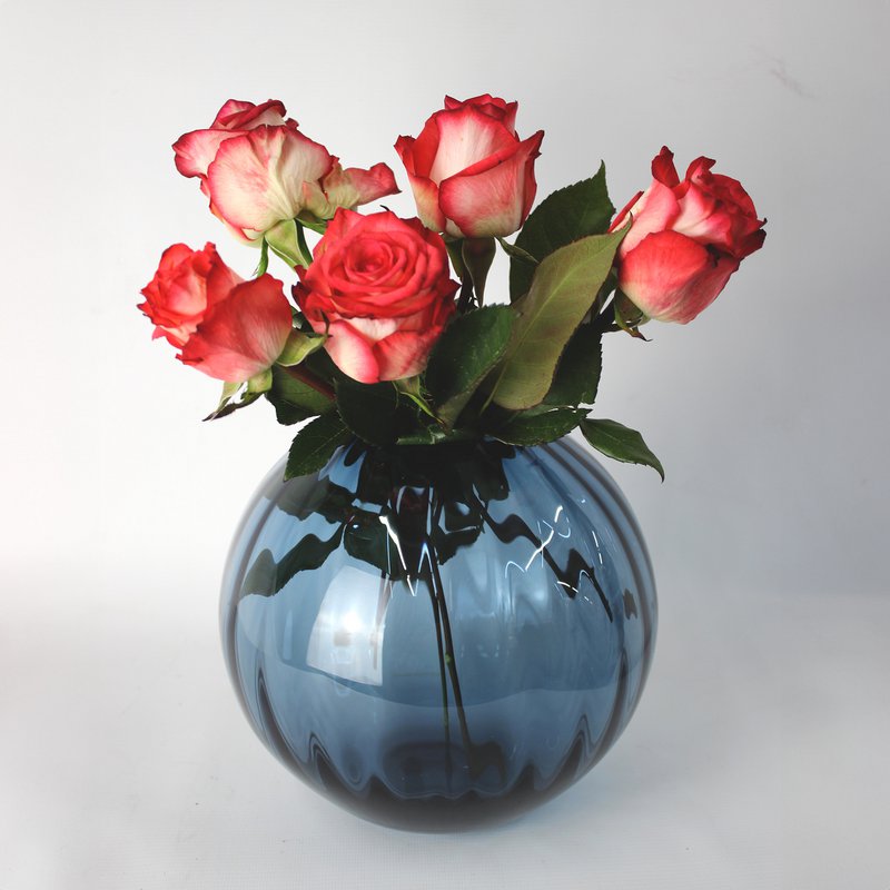 Glass vase round grooves blue vase glass handmade ball vase