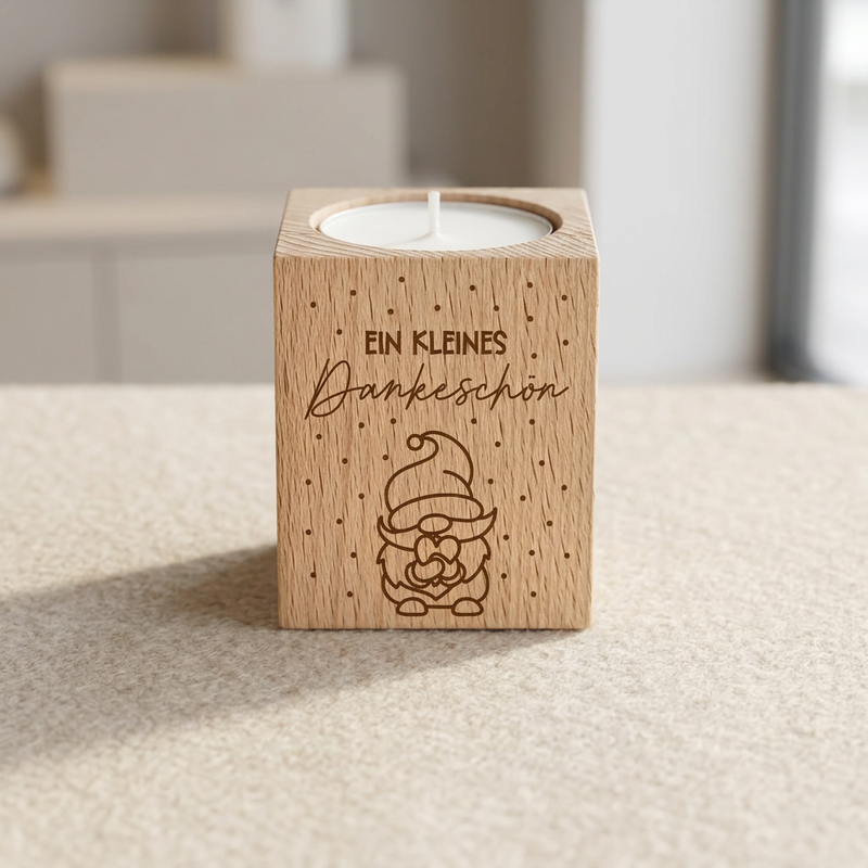 Wooden tealight holder "A small thank you" with gnome – Christmas gift for employees & colleagues | incl. tealight 