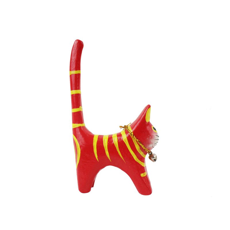 Handmade ring holder cat made of wood colored yellow red