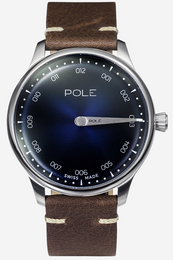 Stainless steel watch with a dark blue dial, leather strap, and minimalist design.