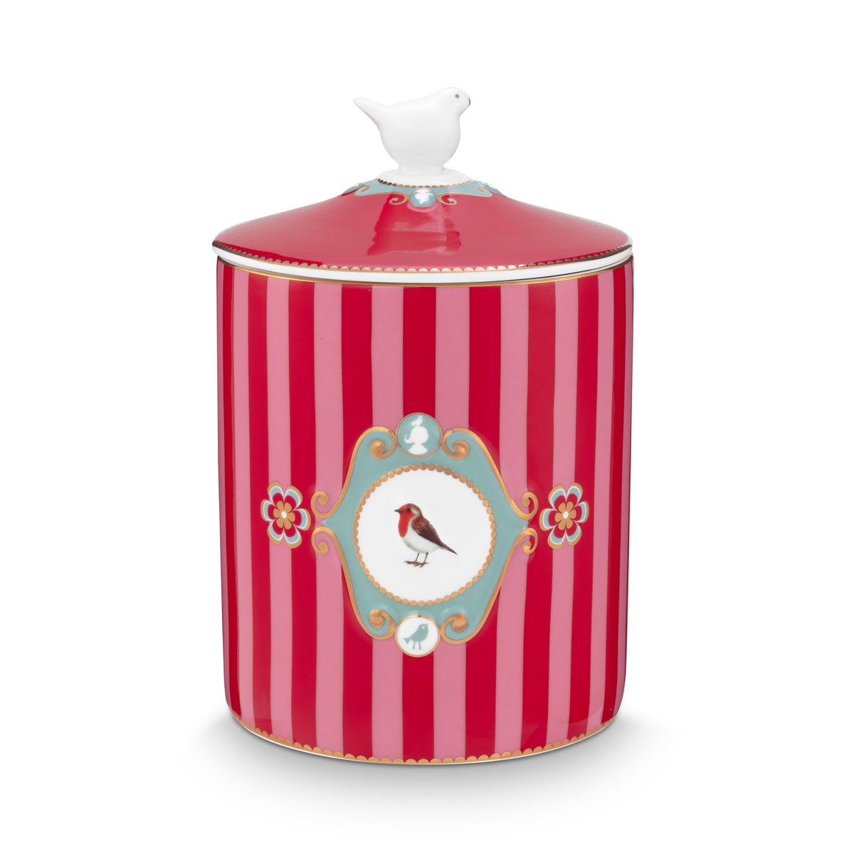Storage Jar Love Birds Medallion Stripes Red-Pink