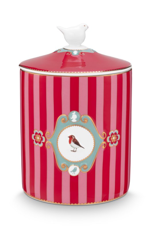 Storage Jar Love Birds Medallion Stripes Red-Pink