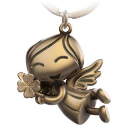 "Charming angel keychain with clover leaf charm, available in antique bronze, silver, and rose gold finishes. Ideal as a good luck talisman or gift."