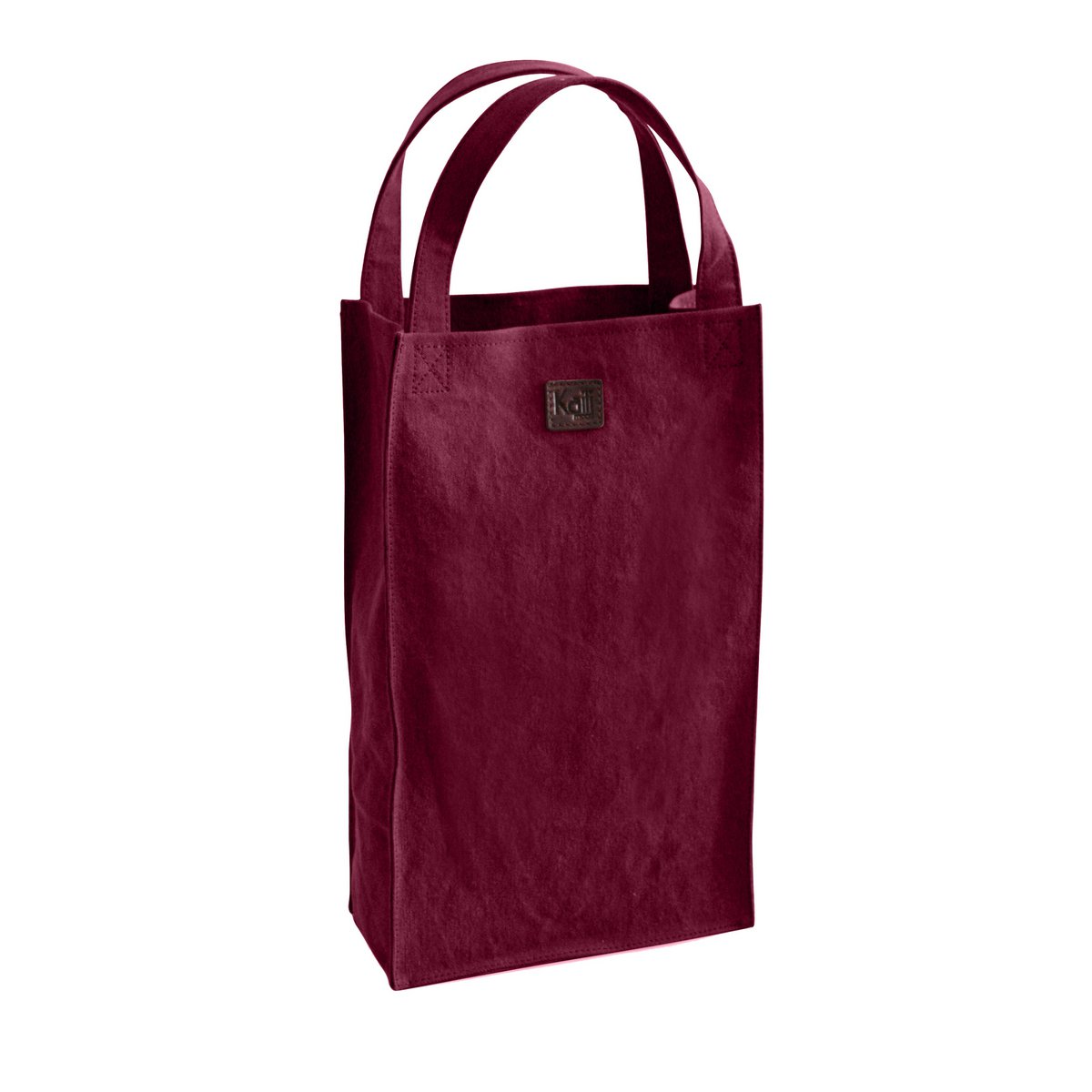 K0017XB | Sac porte-bouteille double en toile/cuir véritable pleine fleur, volant d'inertie. Couleur Bordeaux/Marron Foncé. Capacité : 2 bouteilles. Dimensions : 22 x 37 x 10 cm Conditionnement : Polybag.